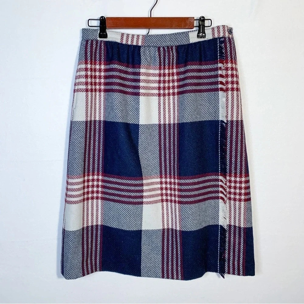 Vintage Plaid Wool Midi Skirt with Fringe Trim